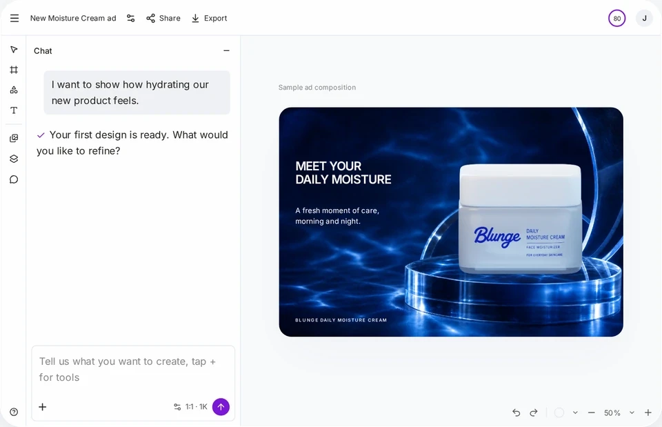 The first design in the workspace: a Moisture Cream ad on a dark blue background, alongside chat