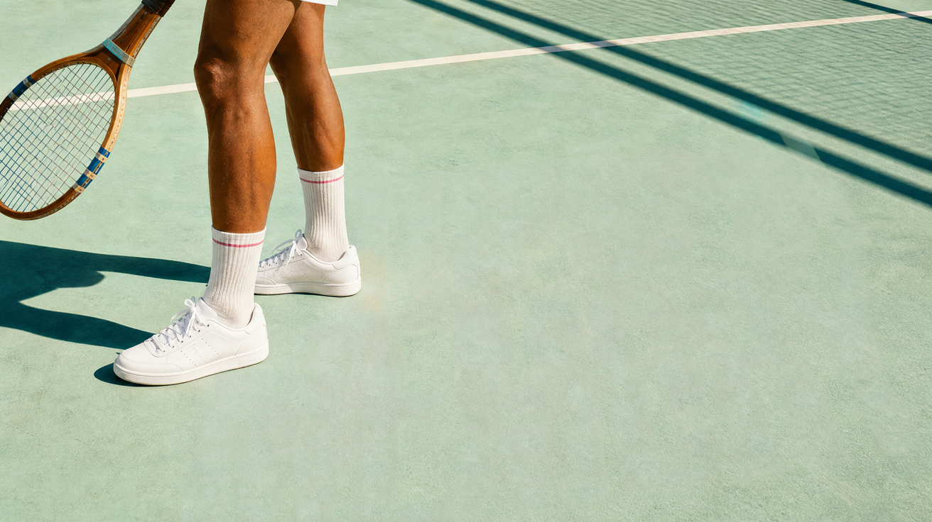 Tennis player standing on a sunlit court